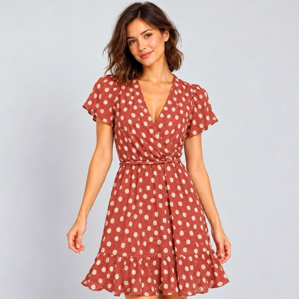 Abercrombie & Fitch Dress XXS Petite Mauve Polka Dot Wrap Mini Flutter Sleeve